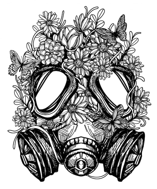 Download Flower in gas mask toxicity emblem tattoo | Premium Vector