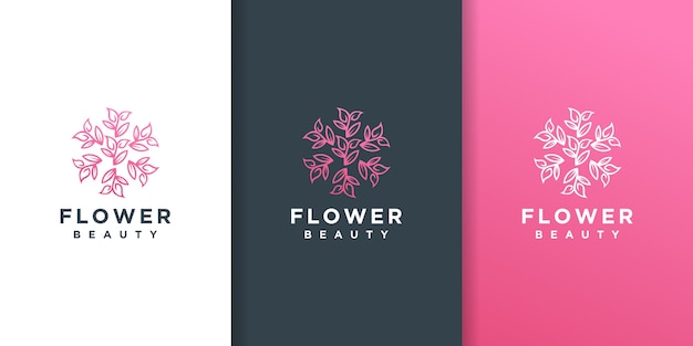 花の葉のラインアートスタイルのロゴデザイン プレミアムベクター