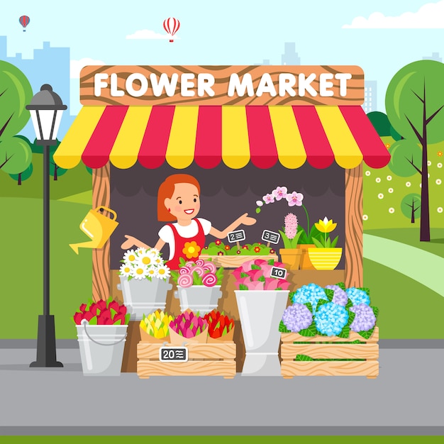 Download Flower market, florist shop vector illustration | Premium ...