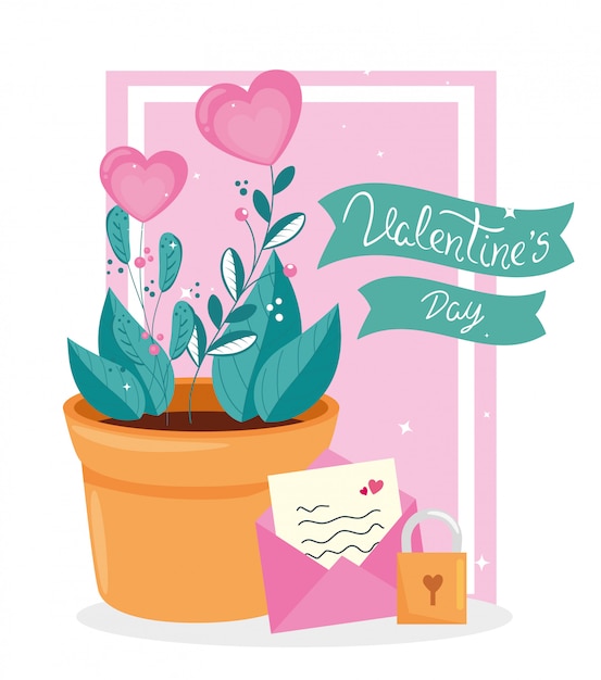 植木鉢と封筒かわいいバレンタインのイラスト プレミアムベクター