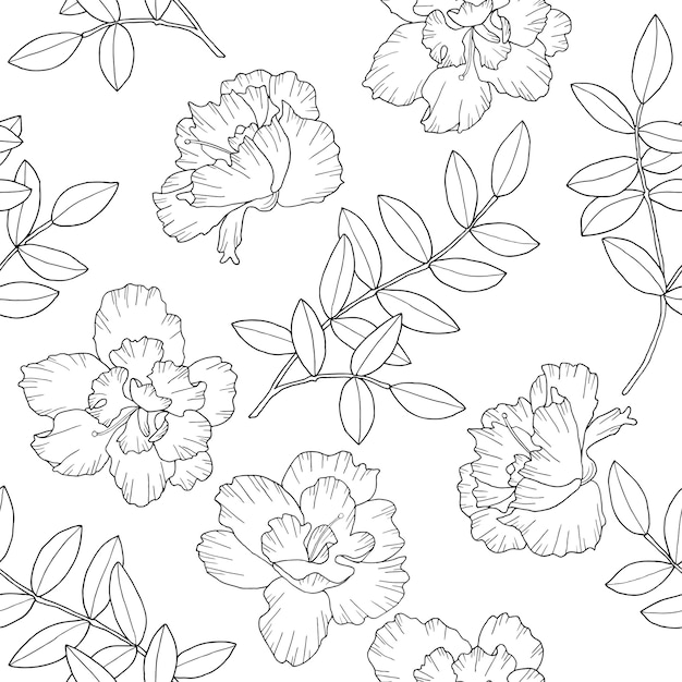 シームレスなパターンの葉を持つ花や枝 手描きの線画スタイルの壁紙 プレミアムベクター