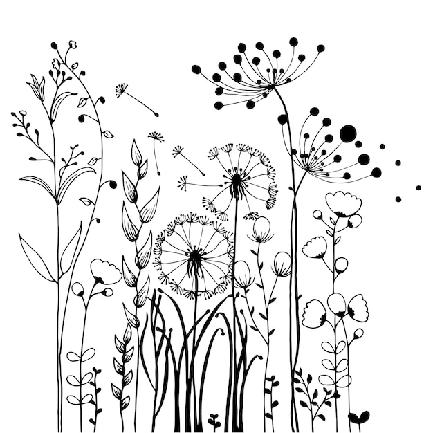 Premium Vector | Flowers and grass on white collection