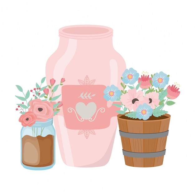 Flowers and leaves inside pots | Premium Vector