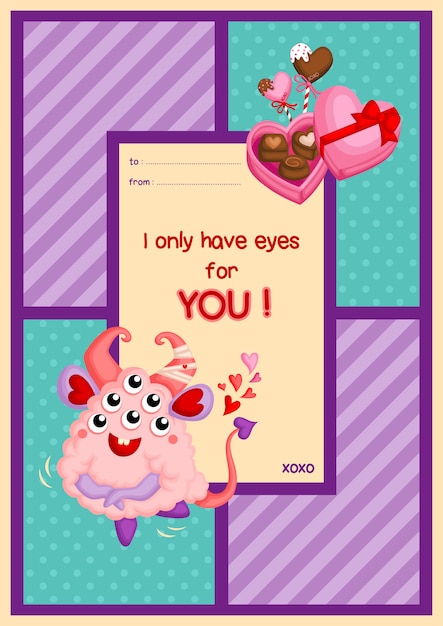 Premium Vector | Fluffy pink monster valentine card