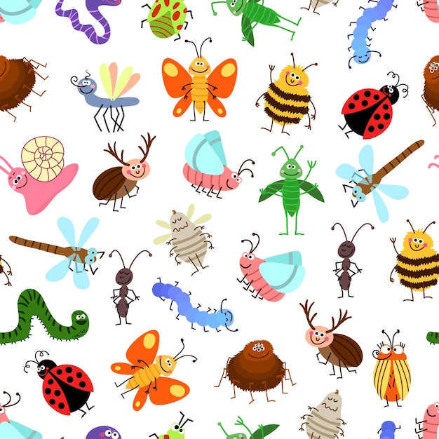 幸せな子供のための飛んで忍び寄るかわいい漫画の昆虫のパターン キャラクター昆虫の背景 翼のある昆虫のイラスト 無料のベクター
