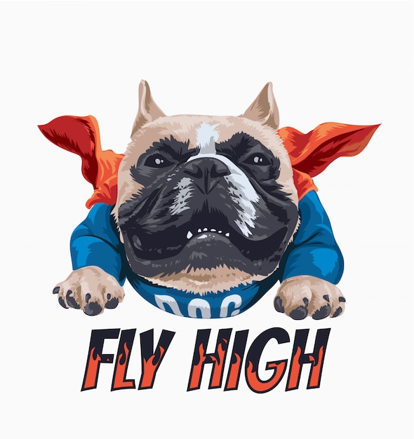 プレミアムベクター ケープイラストの漫画の犬と高いスローガンを飛ぶ