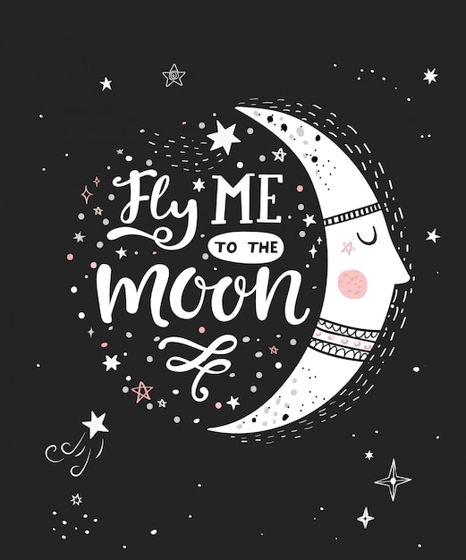 Premium Vector | Fly me to the moon monochrome poster
