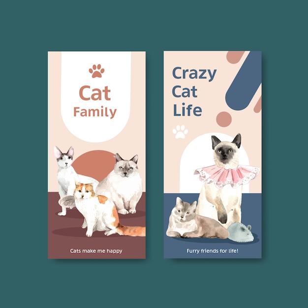 パンフレット 広告 チラシの水彩イラストのかわいい猫とチラシテンプレートデザイン 無料のベクター