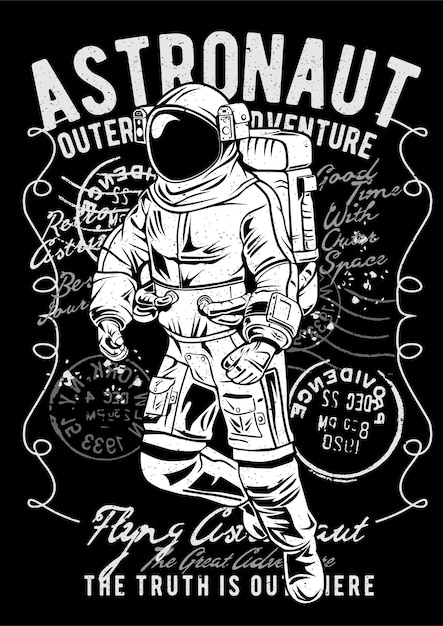 空飛ぶ宇宙飛行士 ヴィンテージイラストポスター プレミアムベクター