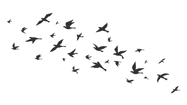 飛んでいる鳥 無料の鳥が飛行中の黒いシルエットに群がります タトゥー画像 自由シンボル野生動物ベクトルイラスト 黒の動物グループのシルエット 空中の鳥 プレミアムベクター