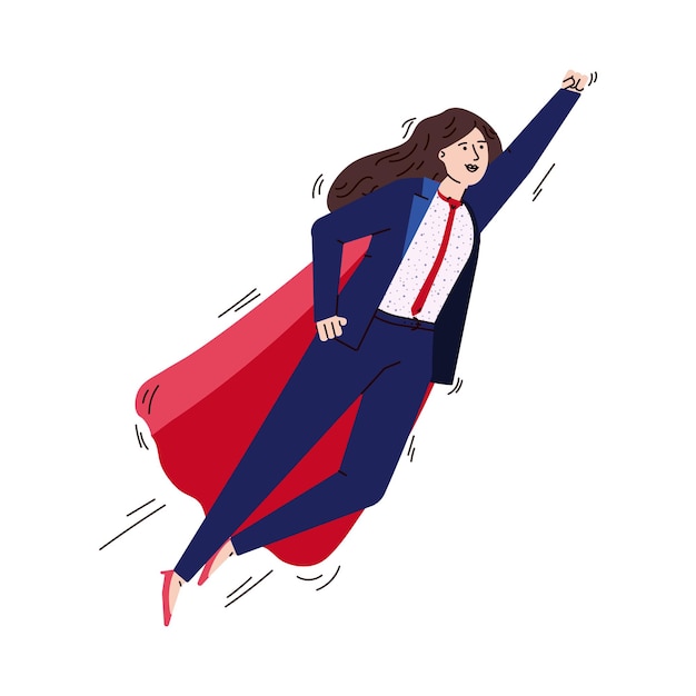 スーパーヒーローマントで空飛ぶビジネス女性の漫画のキャラクター プレミアムベクター