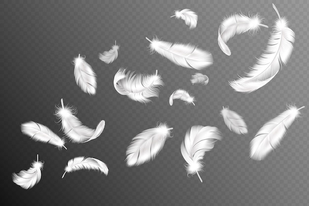 羽を飛ぶ 落下のくるくるふわふわのリアルな白い白鳥 鳩または天使の翼の羽の流れ 柔らかい鳥の羽のコレクション プレミアムベクター