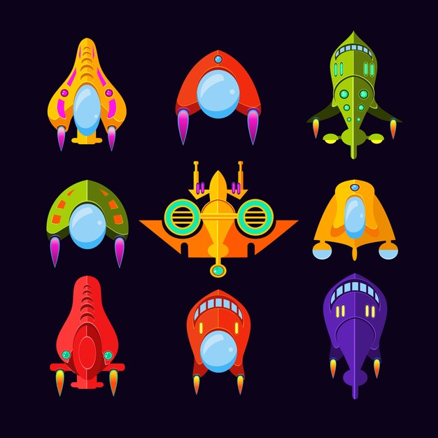 Flying saucer, spaceship and ufo set Premium Vector