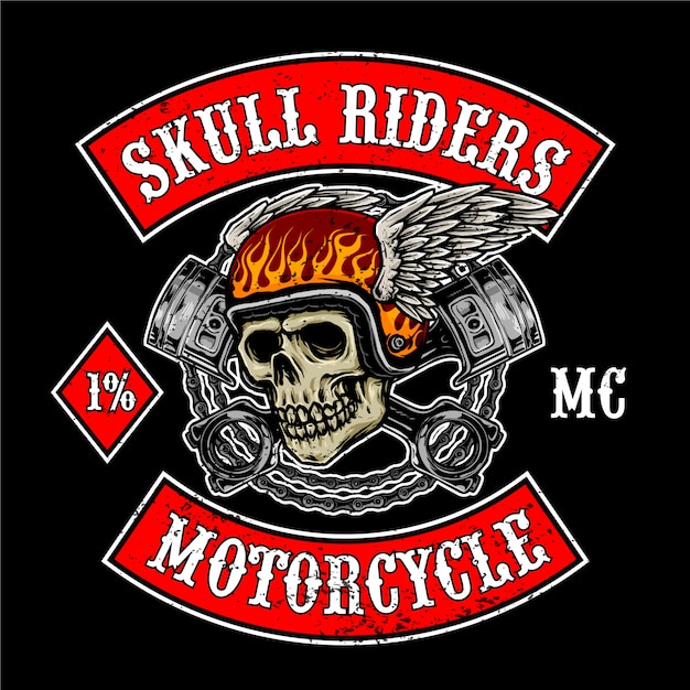 Flying skull with pistons for motorcycle club logo | Premium Vector