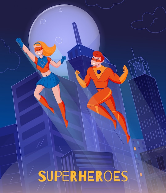 無料のベクター 夜市タワーコミックスワンダーウーマンスーパーマンキャラクター背景ポスターの上に高騰飛行のスーパーヒーロー