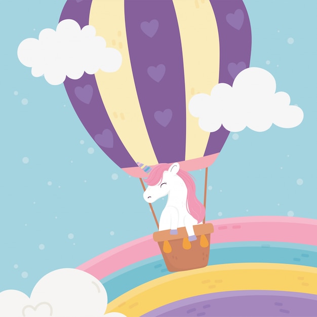 熱気球で空飛ぶユニコーン虹空ファンタジー魔法の夢かわいい漫画イラスト プレミアムベクター