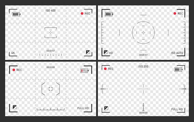 カメラ画面のフォーカス カムコーダーのビューファインダーセット 画面フォーカスズーム バッテリーステータス ビデオ品質 画像安定化 画面 の視覚的フォーカス イラスト プレミアムベクター