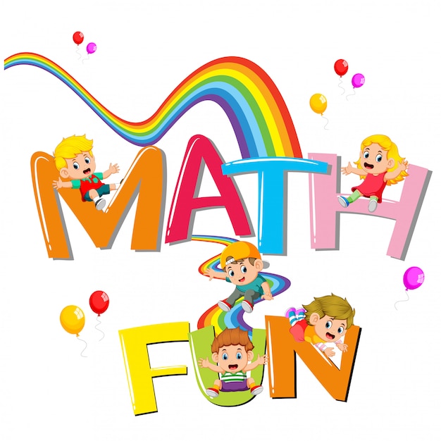  Font design for word math is fun with kids sliding on the rainbow