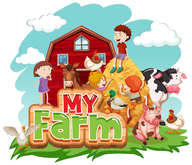 Free Vector Font Design For Word My Farm With Animals And Kids