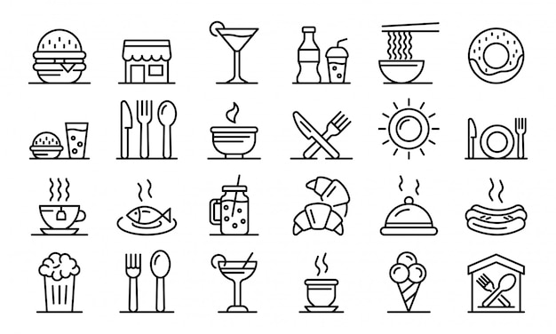 Food courts icons set, outline style Premium Vector