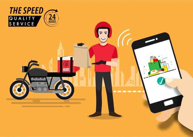 Food delivery app on a smartphone tracking a delivery man on a moped with a ready meal, technology a