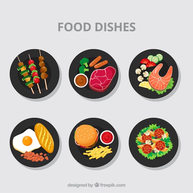 Food dishes collection in top view