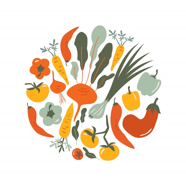 食べ物手描きの背景イラスト 野菜の落書きは カフェメニューの丸い構成 ラベルです プレミアムベクター