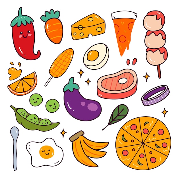 Premium Vector | Food and ingredients kawaii doodle set