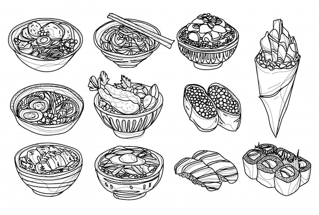 Food japan set hand drawing and sketch black and white | Premium Vector
