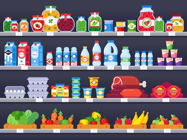 Premium Vector | Food products on shop shelf. supermarket shopping ...