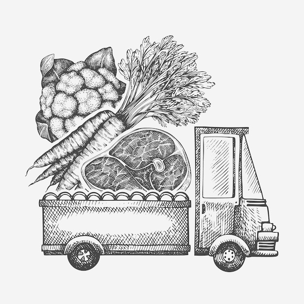 Food shop delivery logo. hand drawn truck with vegetables ...