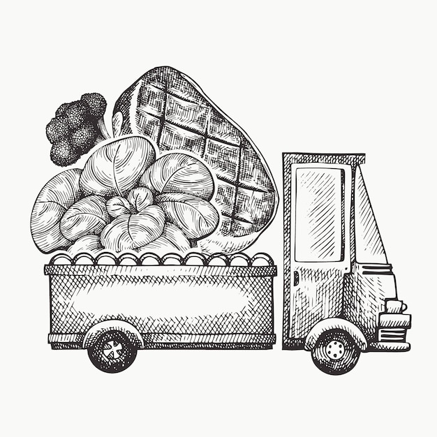 Download Free Food Shop Delivery Logo Template Hand Drawn Truck With Vegetables And Meat Illustration Engraved Style Retro Food Design Premium Vector Use our free logo maker to create a logo and build your brand. Put your logo on business cards, promotional products, or your website for brand visibility.