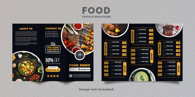 Food trifold brochure menu template. fast food menu brochure for restaurant with yellow and dark blu