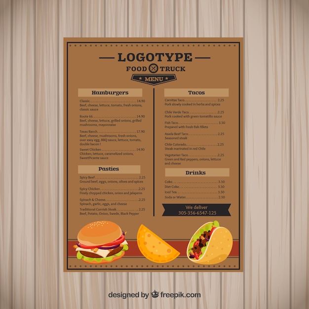Food truck menu with burgers and tacos