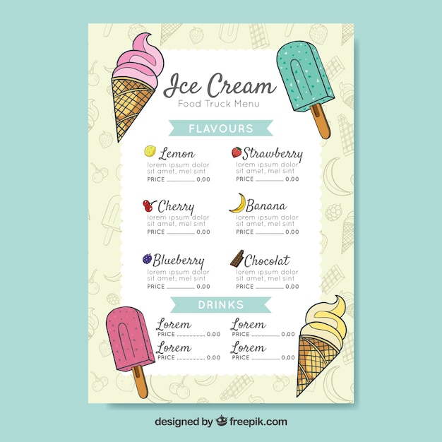 Food truck menu with ice creams