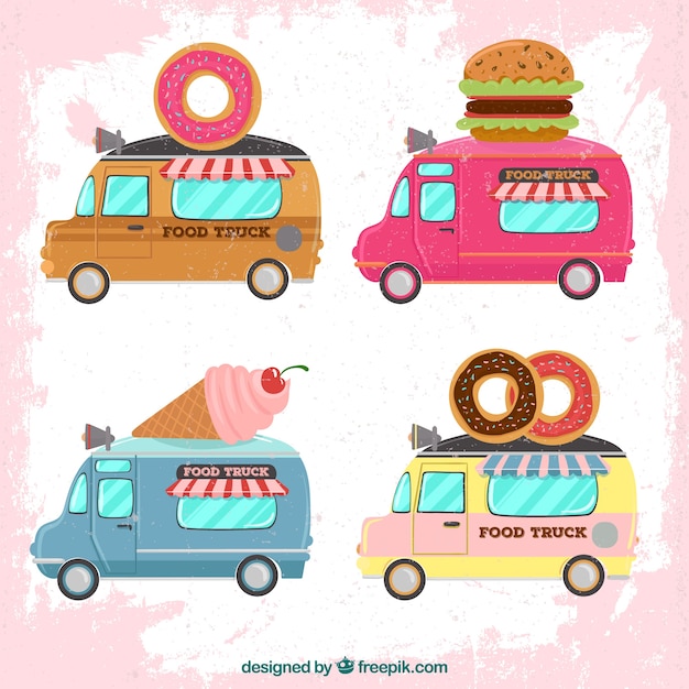Food trucks with donuts, burgers and ice\
creams