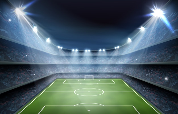 明るいスポットライトとサッカーアリーナフィールドまたはサッカースタジアムの背景 プレミアムベクター