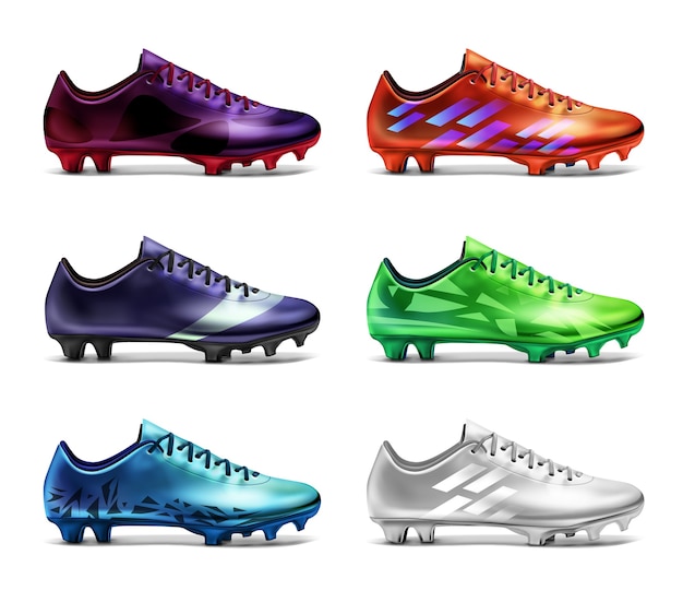 purple. six soccer boots isolated 