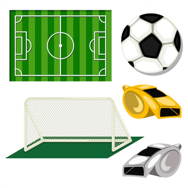 サッカーのアイコンを設定 ボール サッカーゴール フィールド 審判のs 漫画イラスト 白で隔離されます プレミアムベクター