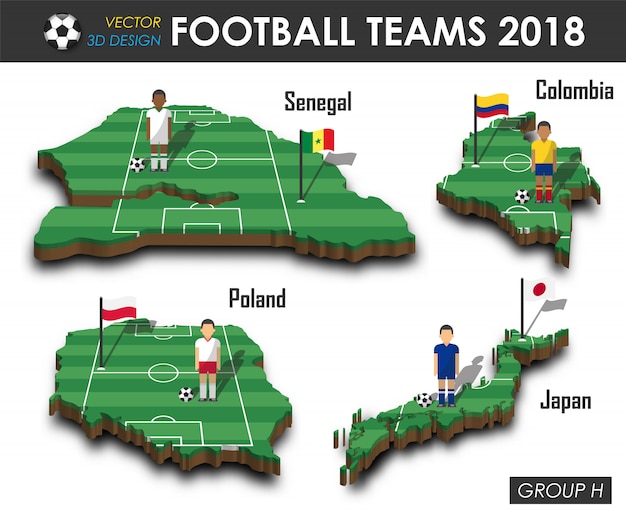 Football player and flag on 3d design country map. Premium Vector