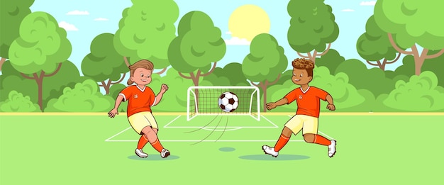 Premium Vector Football Teenage Players Kicking Soccer Ball Green Soccer Field Background Vector Flat Cartoon