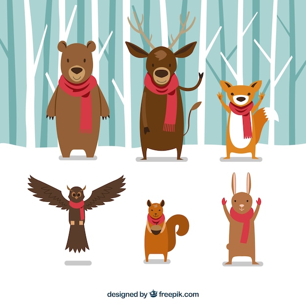 Forest animals with red scarf