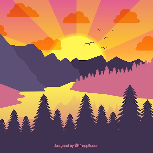 Forest background and mountains with lake at
sunset