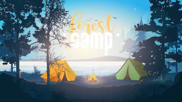  Forest camp banner. outdoor illustration. camping in the forest.