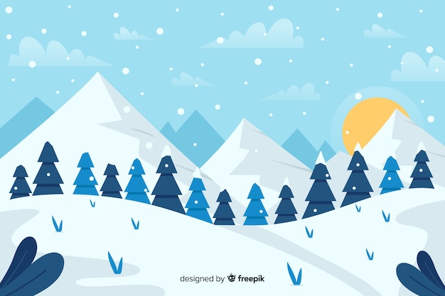 Forest of christmas trees and mountains with sun Free Vector