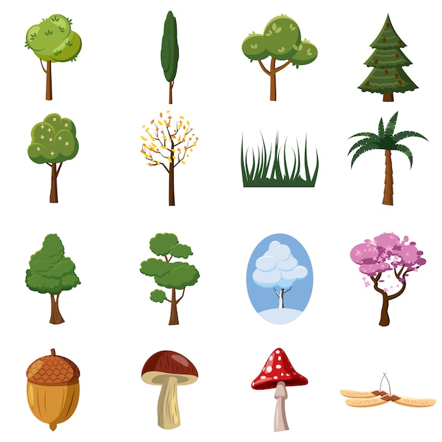 Forest icons set, cartoon style | Premium Vector