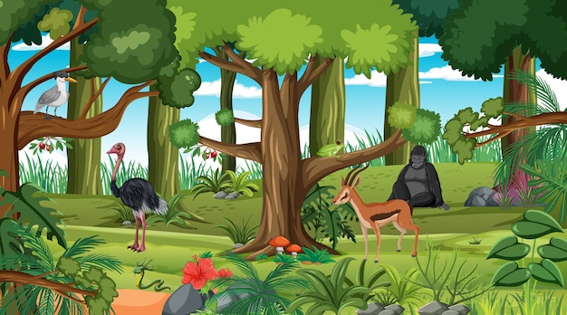 Premium Vector | Forest scene with different wild animals