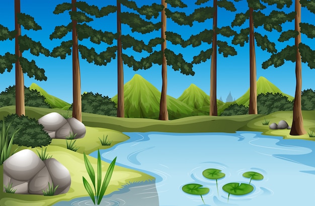 Premium Vector | Forest scene with trees and river