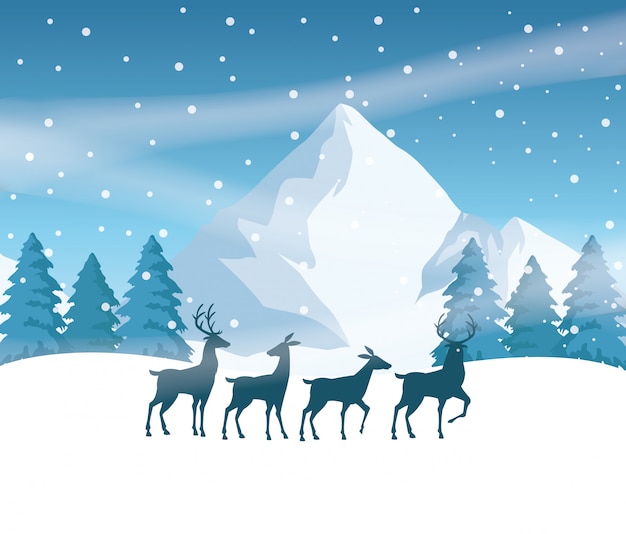 トナカイシルエットベクトルイラストデザインの森雪景色シーン プレミアムベクター