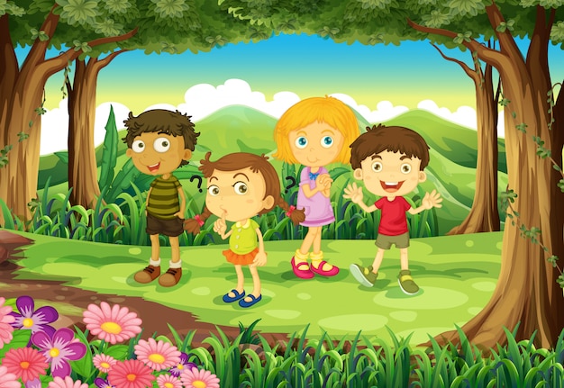 A forest with four kids | Free Vector